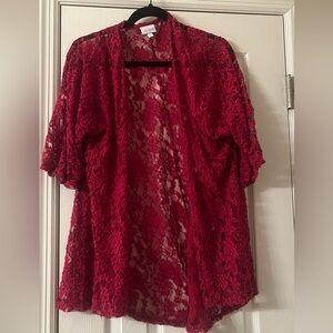 LuLaRoe Lindsay kimono, red lace, large